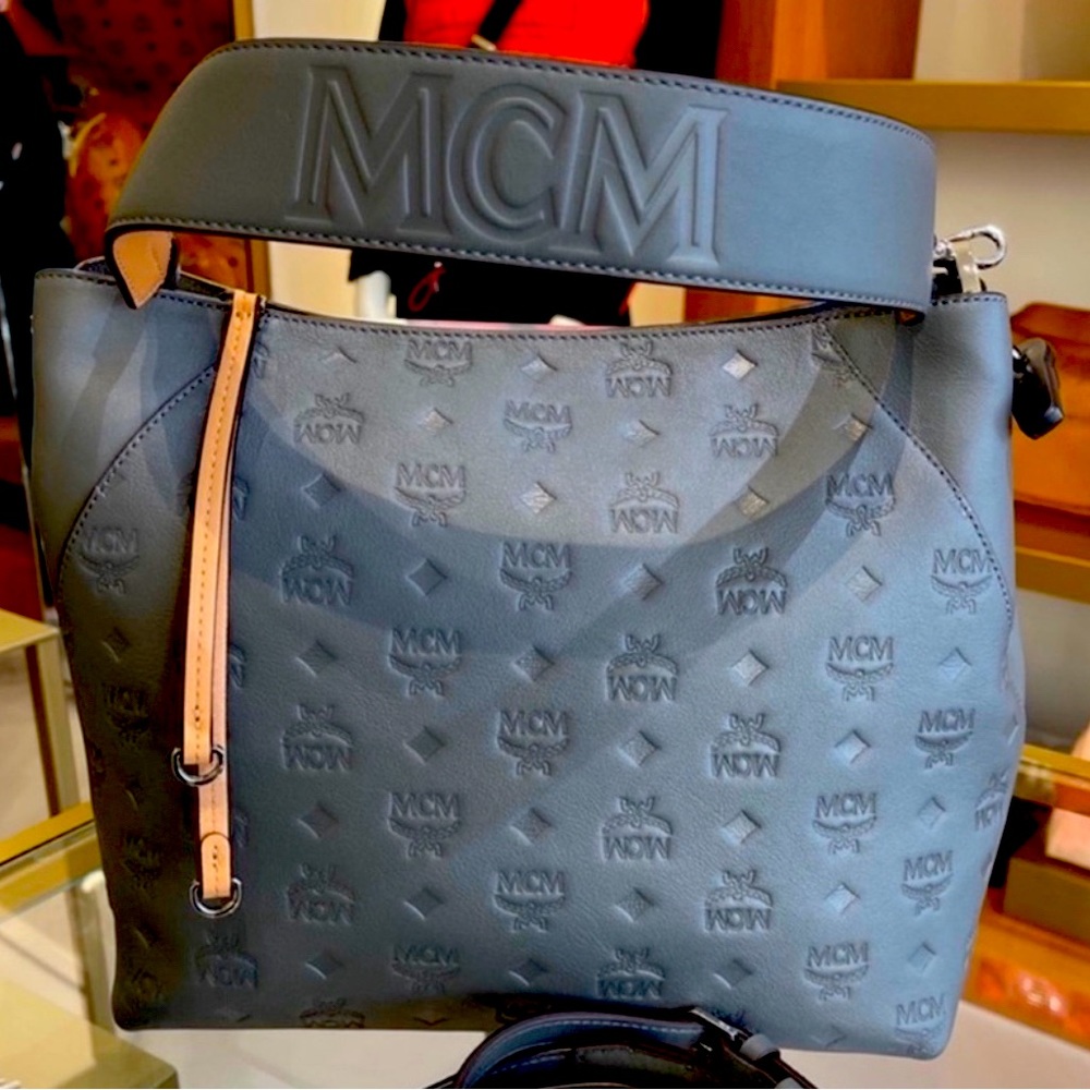 Authentic MCM gray embossed leather hobo medium handbag